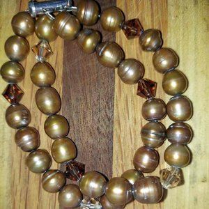 Antique 925 Silver Double Strand Fresh Water Pearl & Aurora Borealis Bracelet